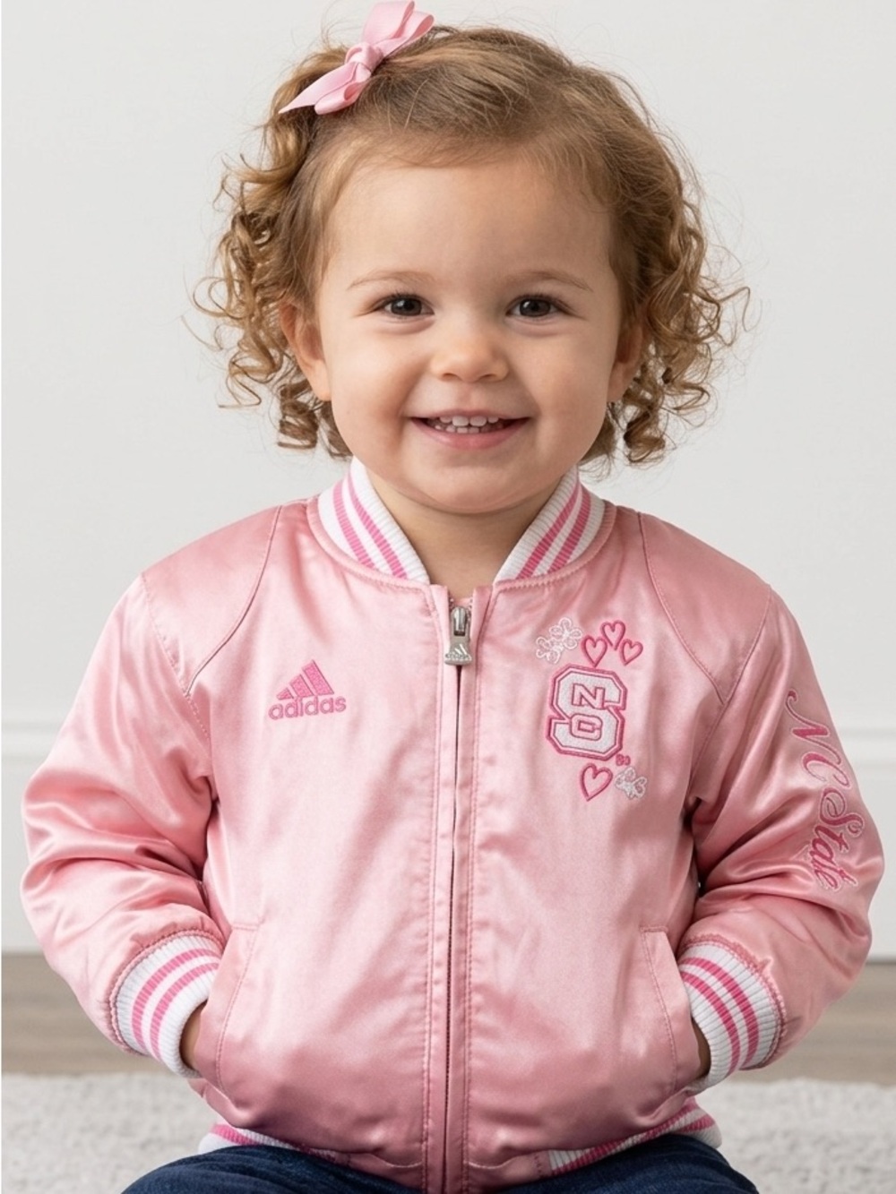 NWT Adidas NC State Wolfpack Toddler Pink Satin Bomber Jacket Varsity Coat 24M